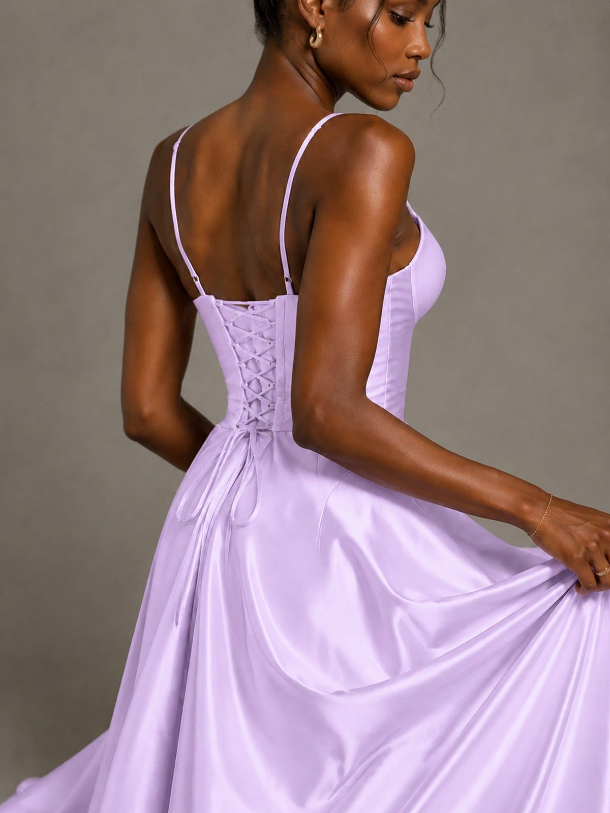 Lavender V Neck Satin Prom Dress with Spaghetti Straps