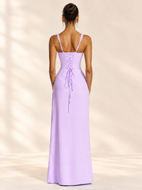 Square Neck Satin Sleeveless Ruched Prom Dress with High Slit