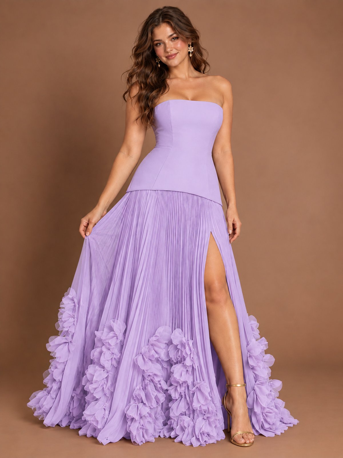 Strapless Pleated Floral Satin Formal Dress with Side Slit