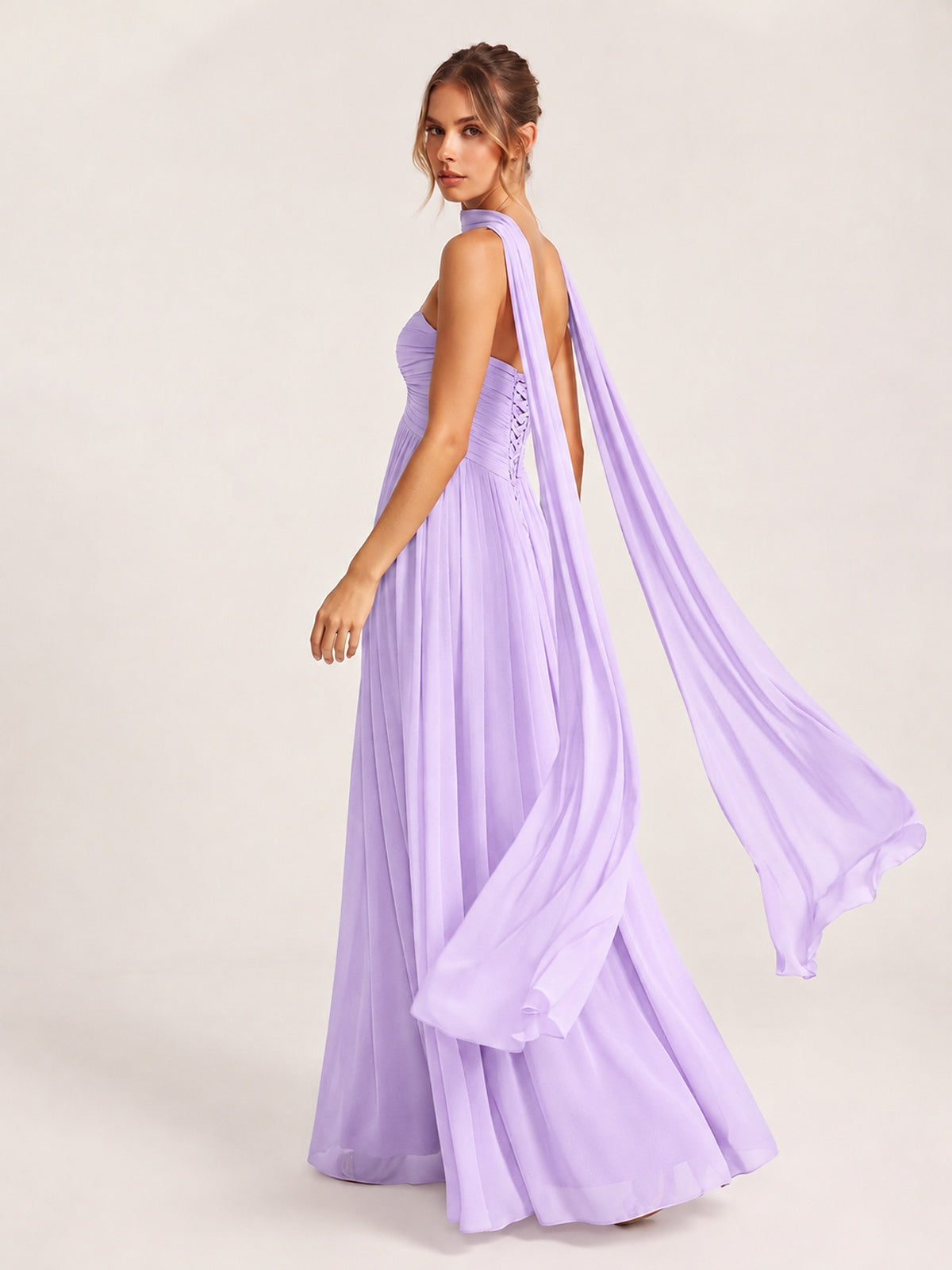 Strapless Ruched Chiffon Long Prom Dress with Scarf