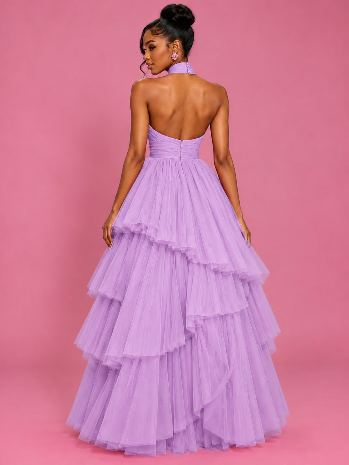 Hot Pink Tulle Halter Neck Tiered Ruffle Maxi Dress