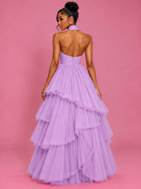 Hot Pink Tulle Halter Neck Tiered Ruffle Maxi Dress