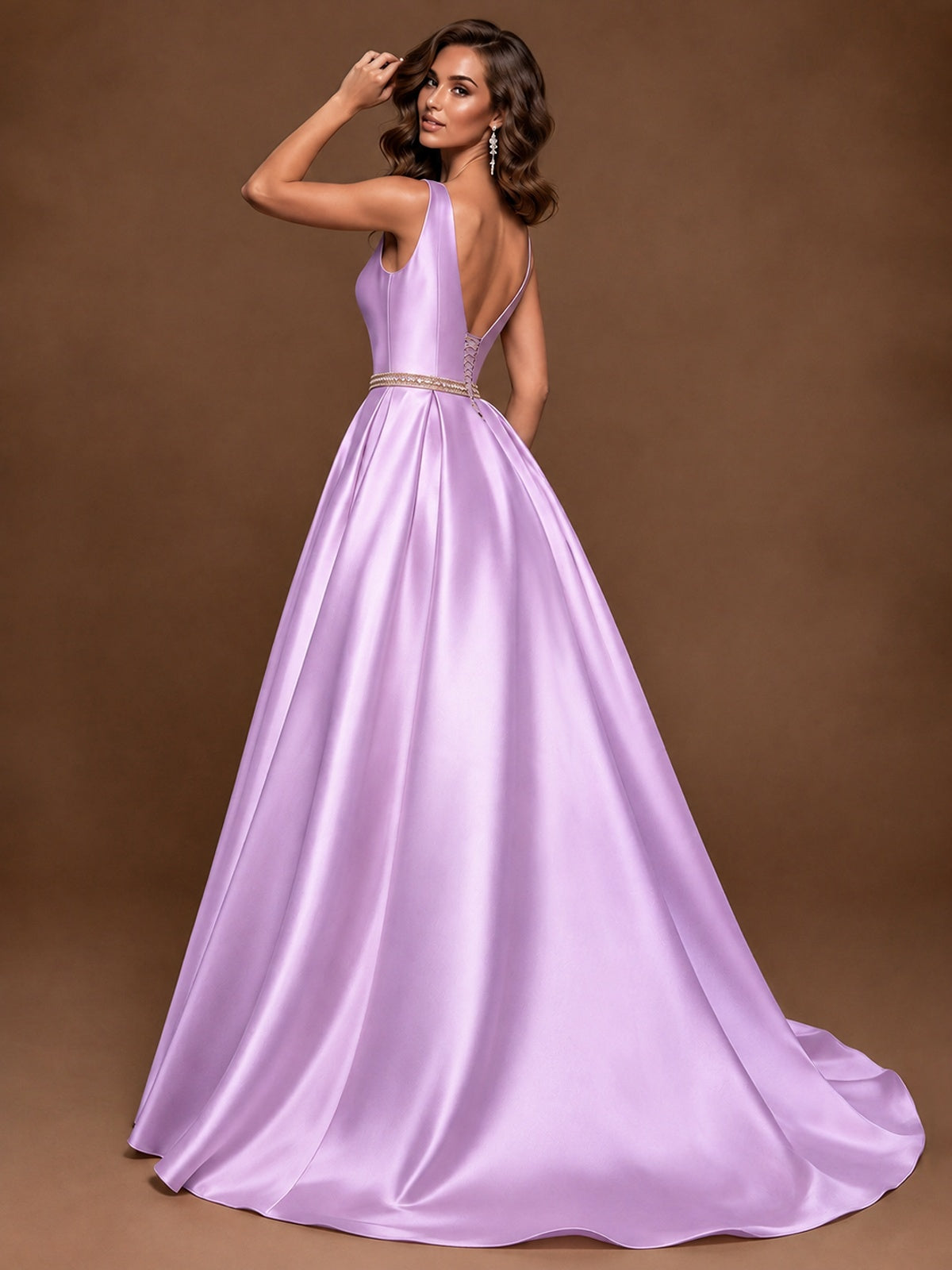 Satin A-Line Prom Dress Sleeveless Beaded Waist Formal Gown with Pockets