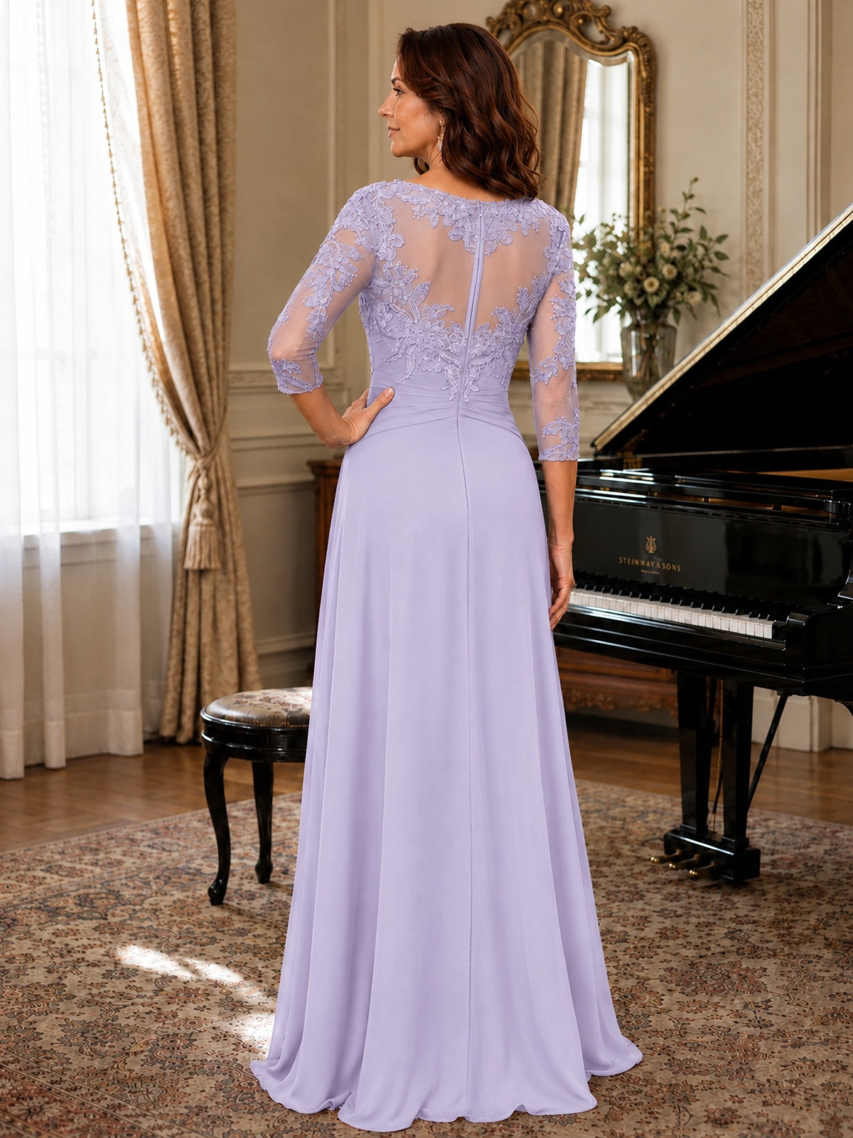 A-Line Chiffon Mother of the Bride Dress with Floral Applique 3/4 Sleeves
