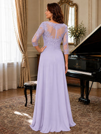 A-Line Chiffon Mother of the Bride Dress with Floral Applique 3/4 Sleeves