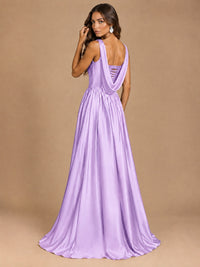 Cowl Neck Pleated Satin Prom Dress with Pockets & Slit Maxi Formal Gowns