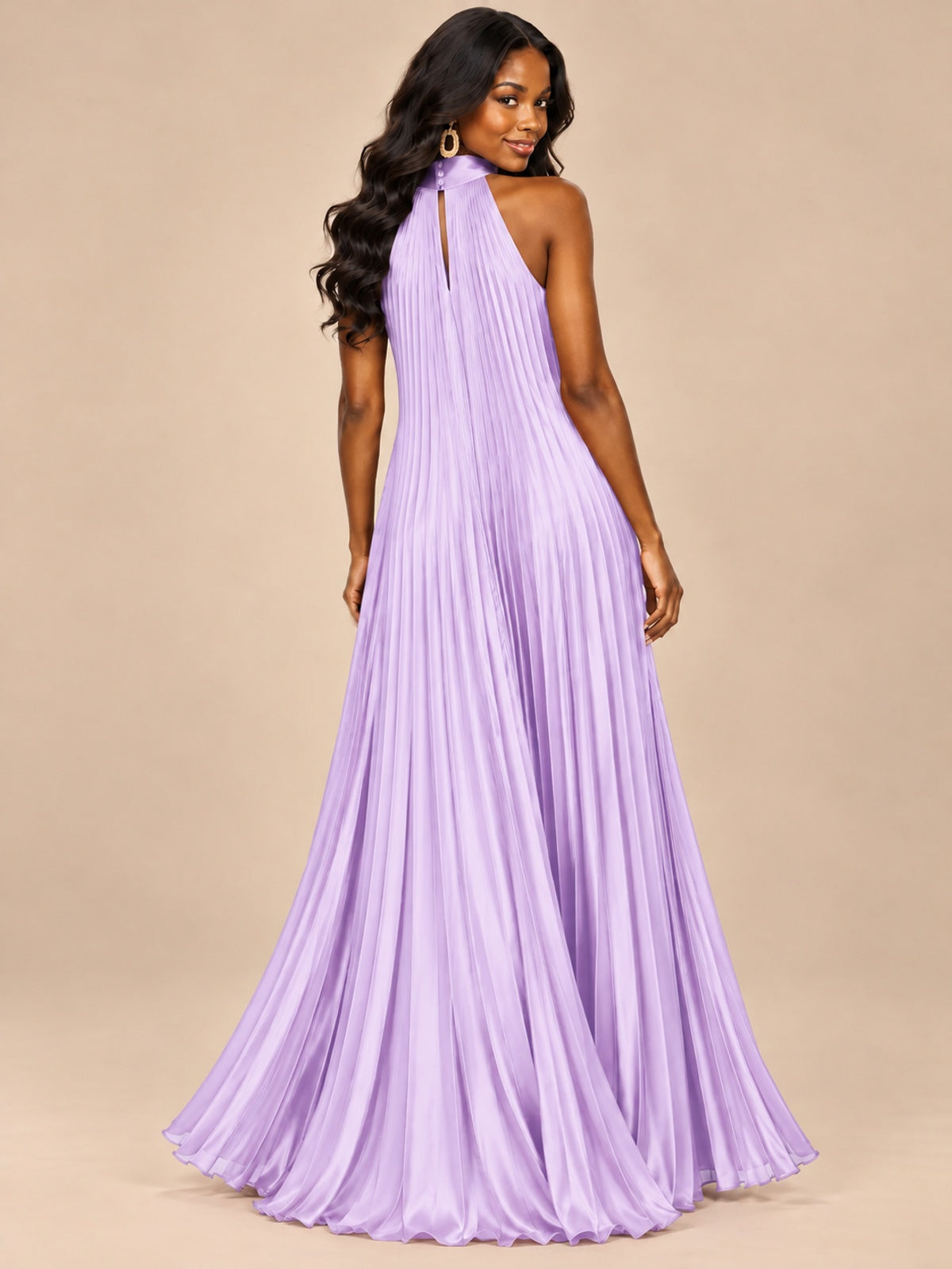 Rust Orange Pleated Halter Neck Maxi Dress