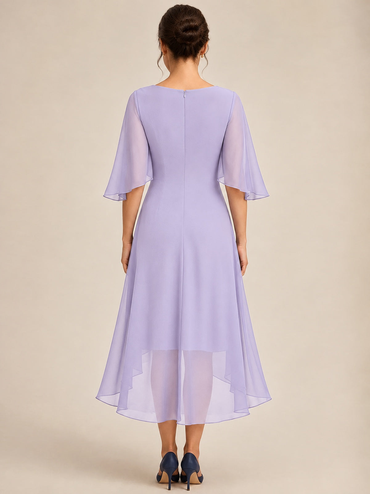 Cowl Neck Ruched Chiffon Mother of the Bride Dresses with Flutter Sleeves