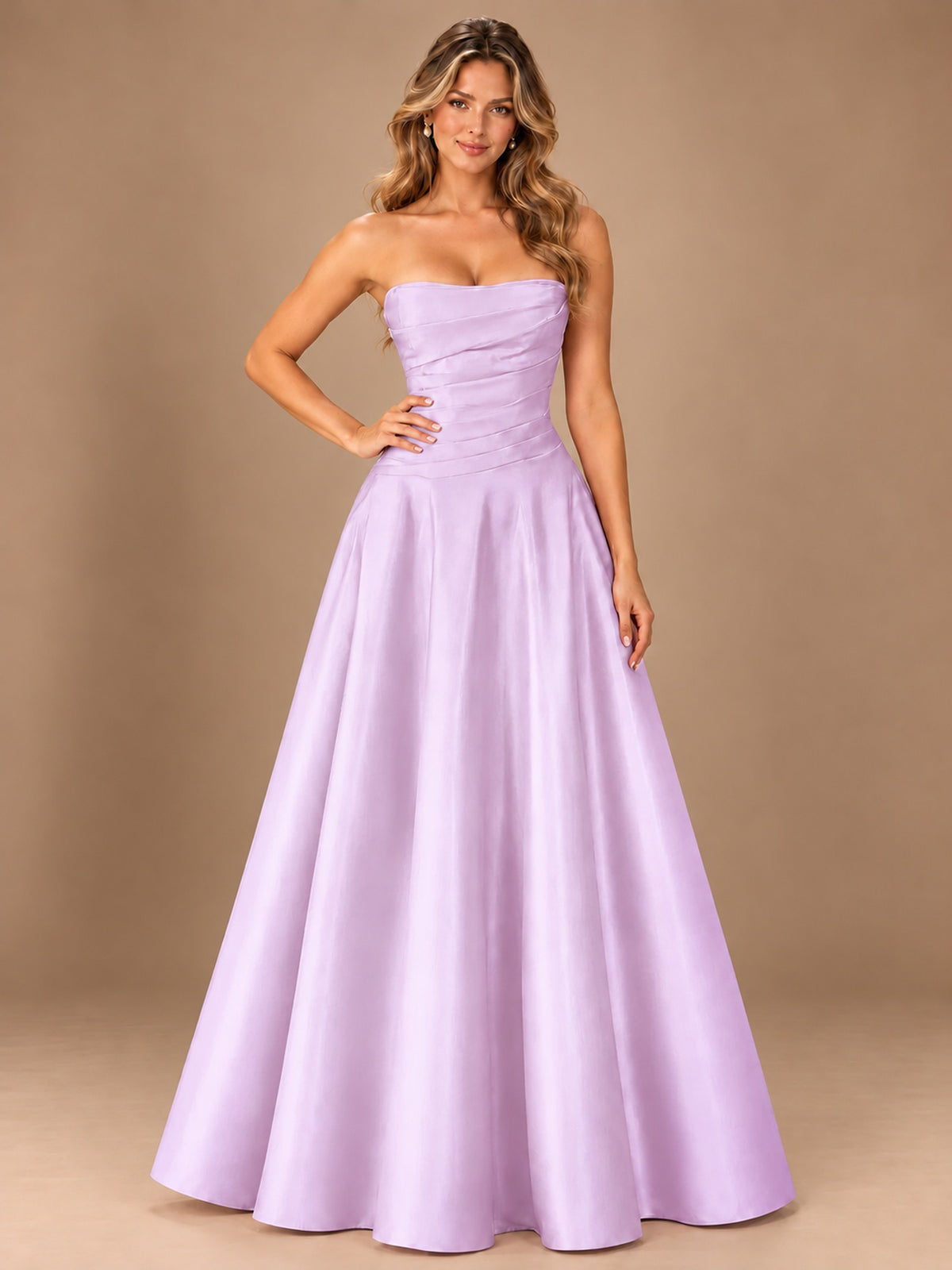 Blush Pink Strapless Satin A-Line Prom Dress with Ruched Bodice