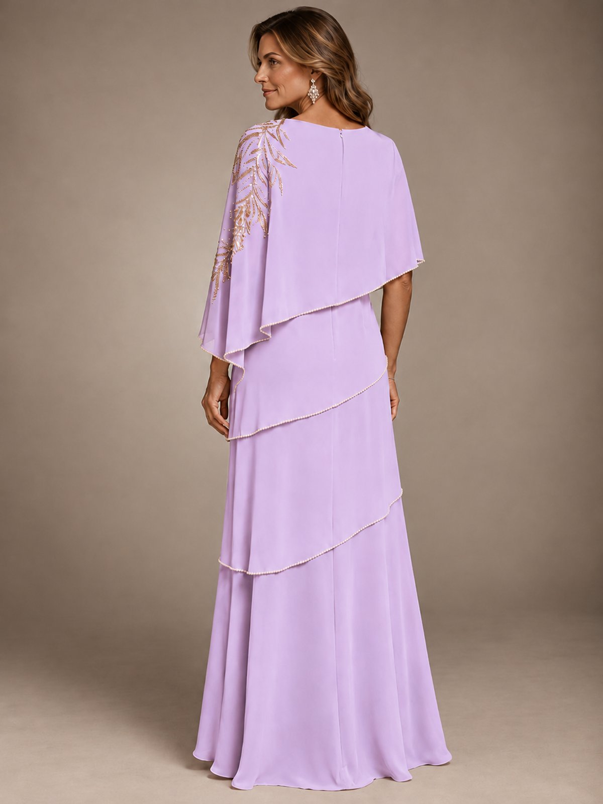 Elegant Chiffon Cape Sleeve Beaded Mother of the Bride Dress