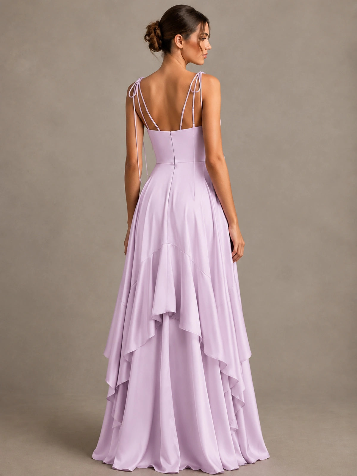 Lavender Satin V-Neck Ruffle Maxi Dress