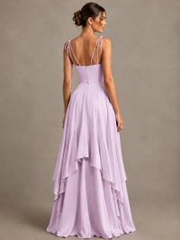 Lavender Satin V-Neck Ruffle Maxi Dress