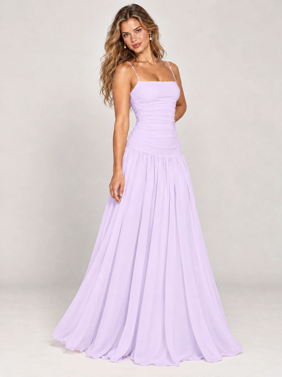 Butter Yellow Ruched Spaghetti Strap Drop-Waist Prom Dress