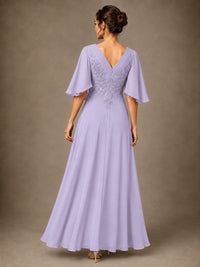 V-Neck Chiffon Lace Mother of the Bride Dress with Flutter Sleeves