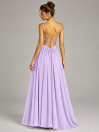 Spaghetti Strap Ruched Chiffon Maxi Dress with Backless