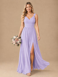Pleated Chiffon V Neck Wedding Bridesmaid Dresses Floor Length with Slit
