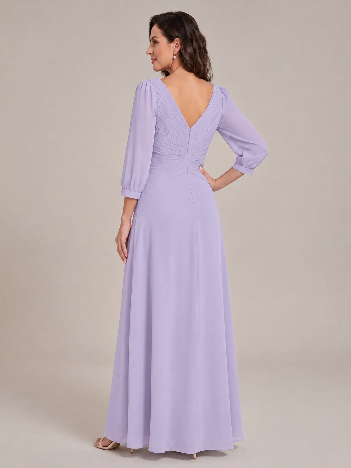V-Neck Pleated Chiffon Mother of the Bride Dress with Flutter Sleeves