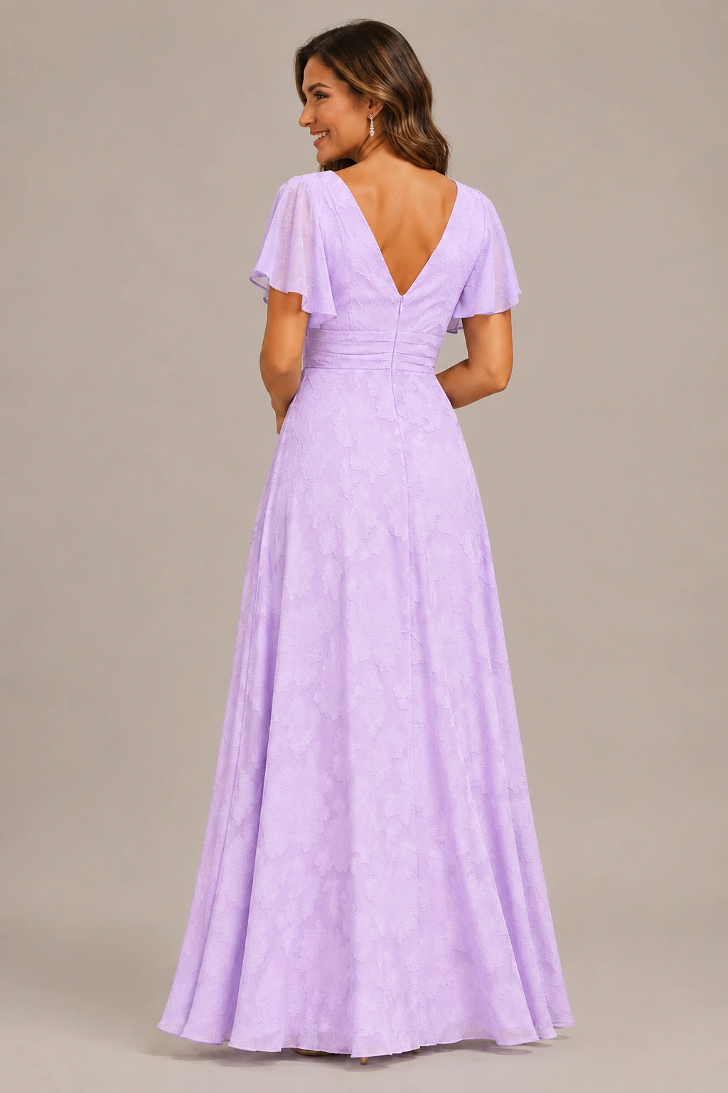 Jovellee Floral Chiffon A-Line Mother of the Bride Dress with Flutter Sleeves