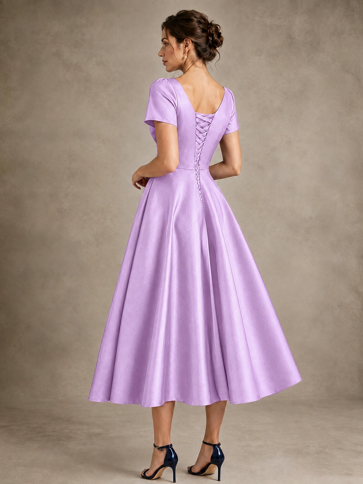 V-Neck Tea-Length Satin Mother of the Bride Dress with Bow