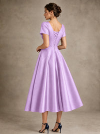 V-Neck Tea-Length Satin Mother of the Bride Dress with Bow