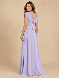 V Neck Pleated Mother of The Bride Dresses with Beading Cap Sleeves
