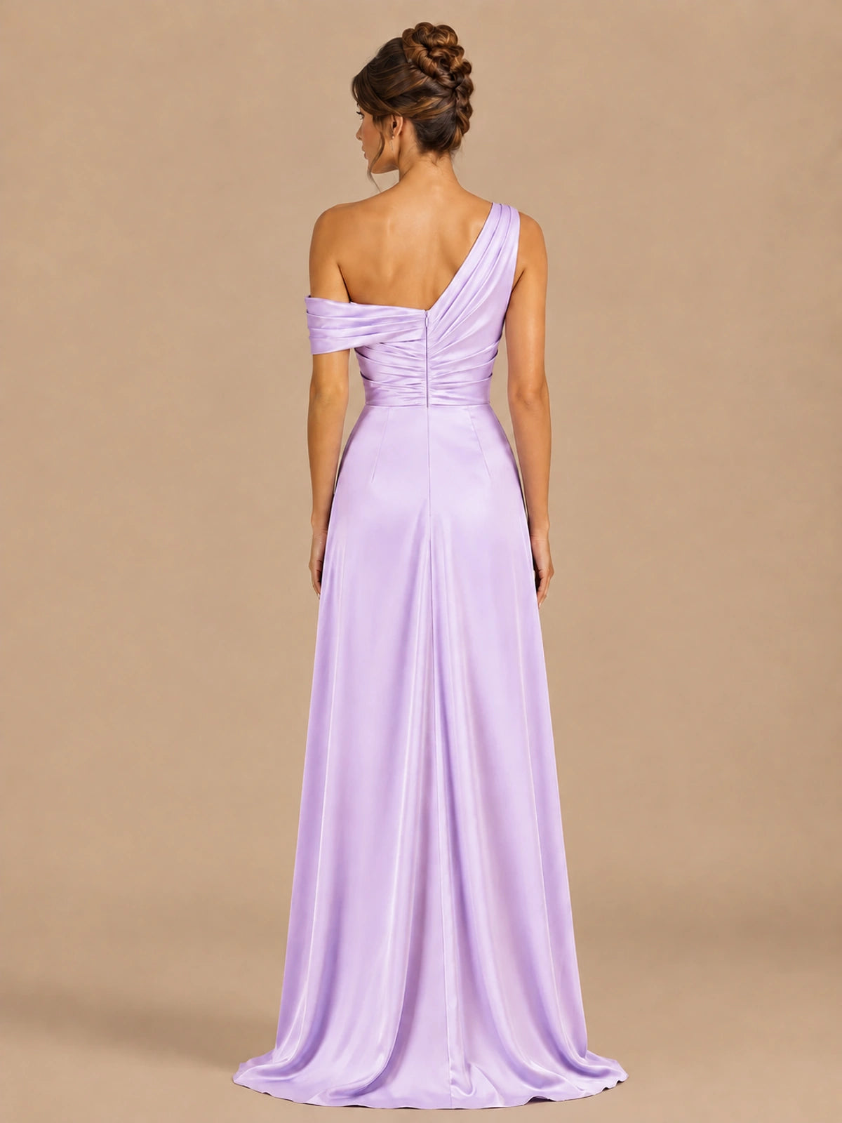 Satin One Shoulder Prom Dress Ruched Long Formal Evening Gown