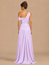 Satin One Shoulder Prom Dress Ruched Long Formal Evening Gown