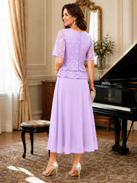 Tea-Length Chiffon Mother of the Bride Dress with Sequin Lace Sleeves