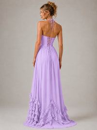Halter V Neck Chiffon Formal Dress with Lace-Up Back and Ruffle Hem