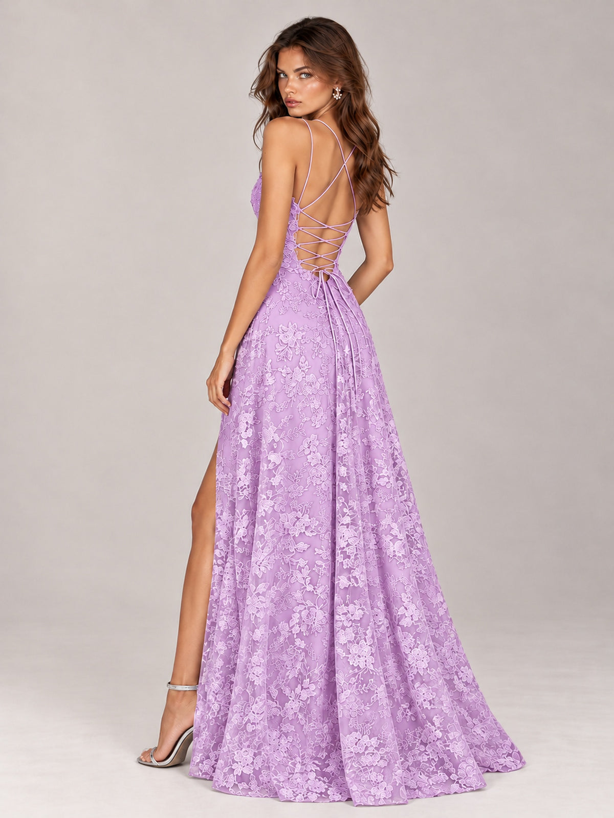 Floral Lace A-Line Prom Dress with Spaghetti Straps & High Slit