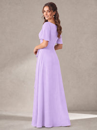Scoop Neck A-line Chiffon Bridesmaid Dress with Flutter Sleeve & Belt