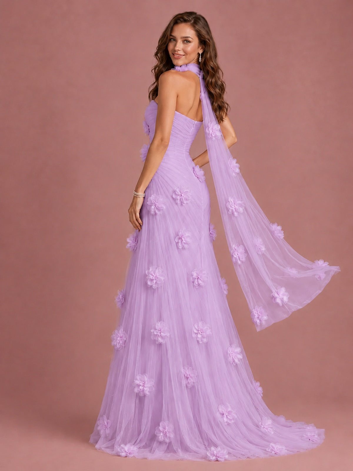 Blush Pink Strapless Sweetheart 3D Floral Tulle Mermaid Prom Dress