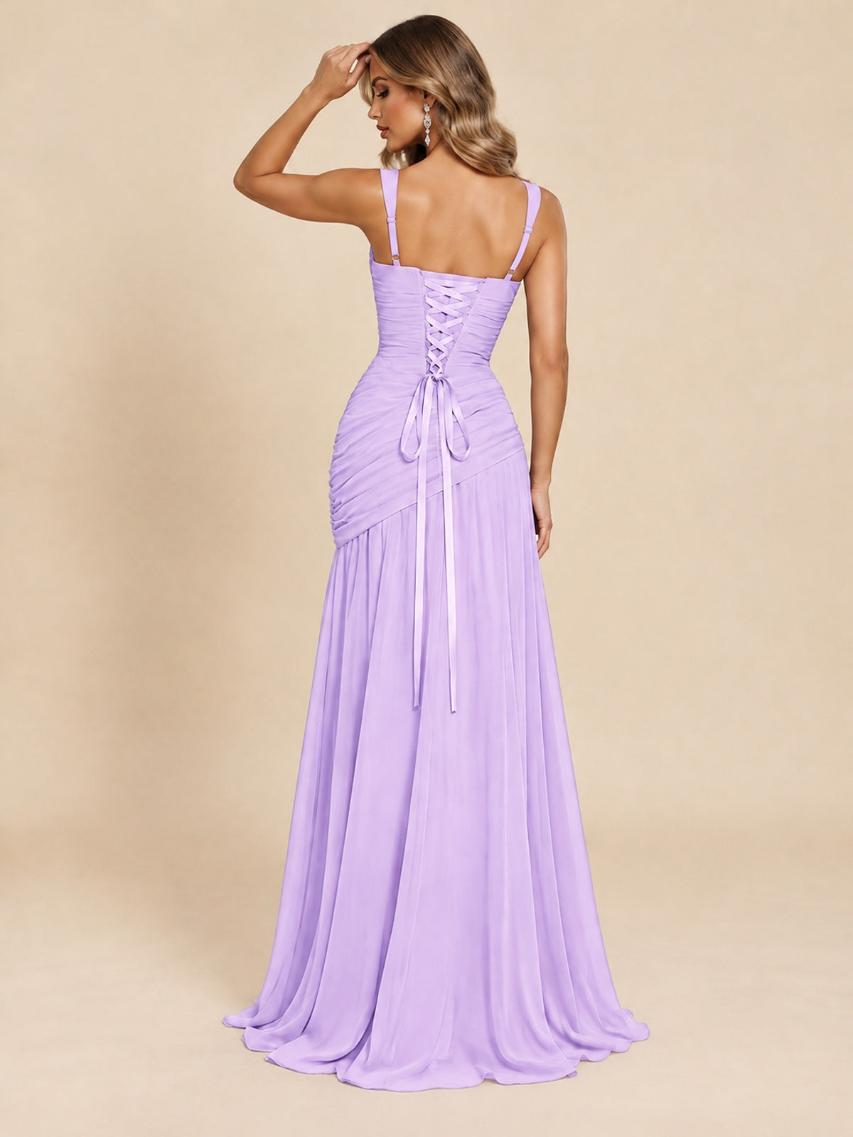 Wrap Pleated Prom Dress Scoop Neck with Slit Women Wedding Formal Dress
