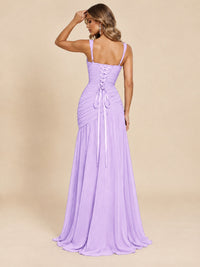 Wrap Pleated Prom Dress Scoop Neck with Slit Women Wedding Formal Dress