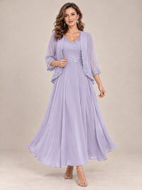 Dusty Blue Floral Lace Chiffon Mother of the Bride Dress with Jacket