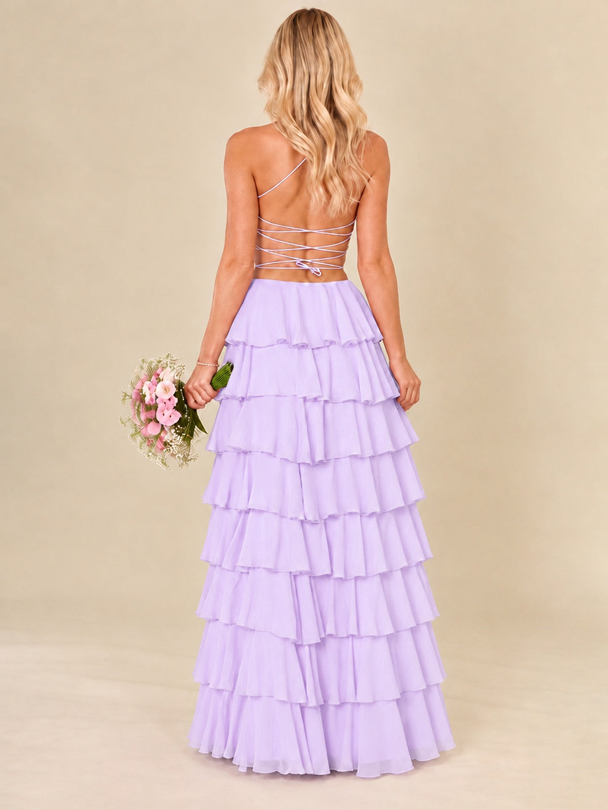 Ruffled Tiered Chiffon Prom Dress Spaghetti Straps Formal Maxi Dress with Slit