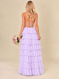 Ruffled Tiered Chiffon Prom Dress Spaghetti Straps Formal Maxi Dress with Slit