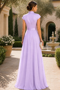 V Neck Cap Sleeve A-Line Floor-Length Satin Bridesmaid Dress