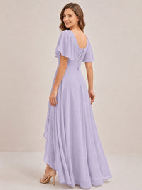 Dusty Blue Chiffon Bridesmaid Dress with Flutter Sleeves & High-Low Hem