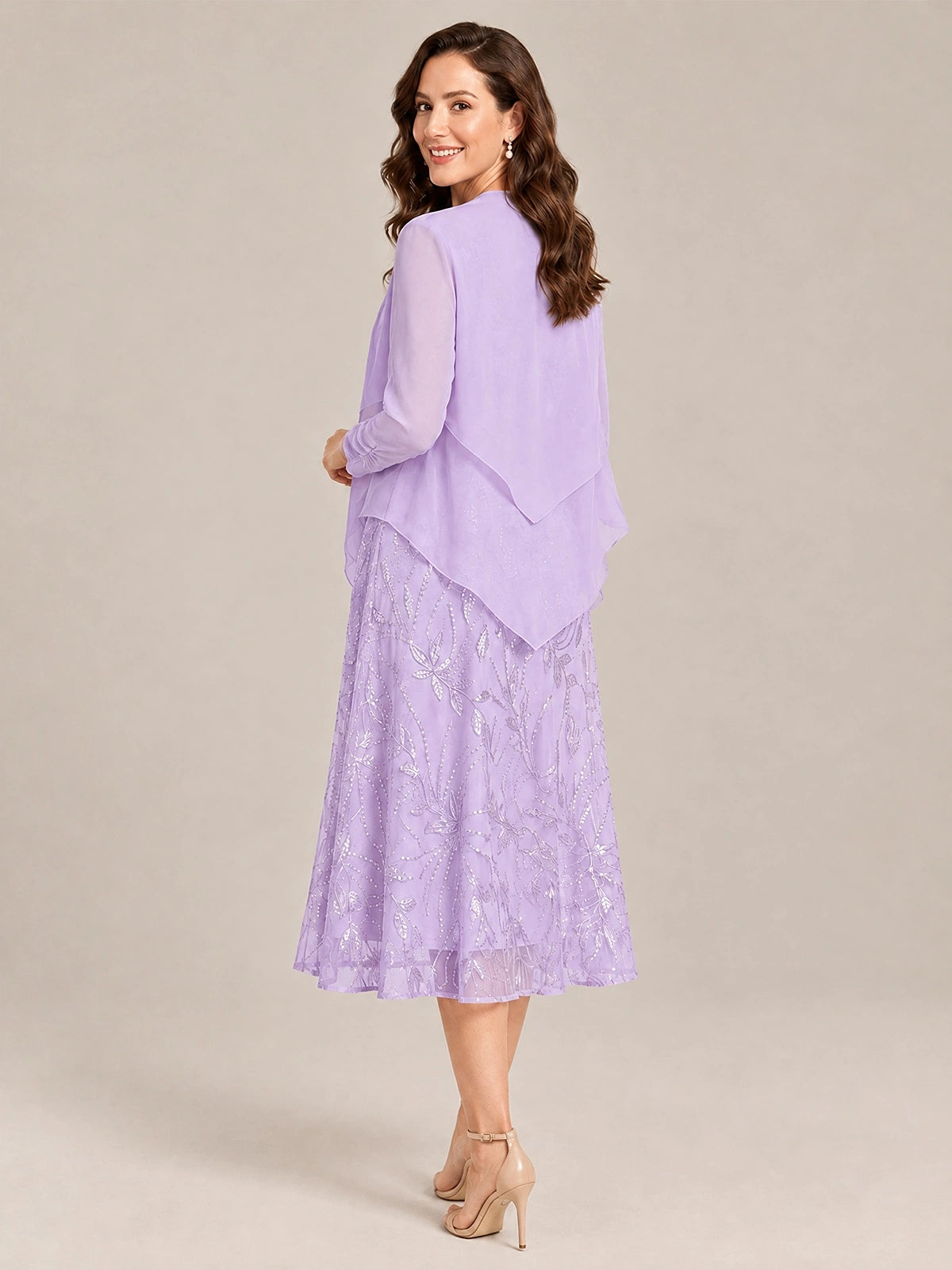 Tea Length Sequin Lace Mother of the Bride Dress with Chiffon Jacket