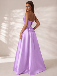Strapless Corset Satin Prom Dress Long Evening Gown with High Slit