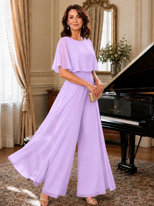 Chiffon Mother of the Bride Jumpsuit with Layered Cape Sleeves