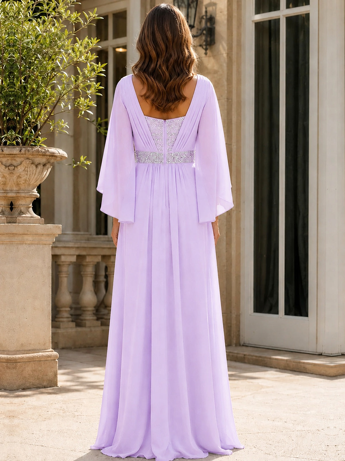 Elegant V-Neck Sequined Chiffon Mother of the Bride Dress with Flutter Sleeves
