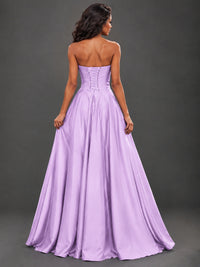 Draped Satin Prom Dress Strapless A-line Formal Dress Floor Length