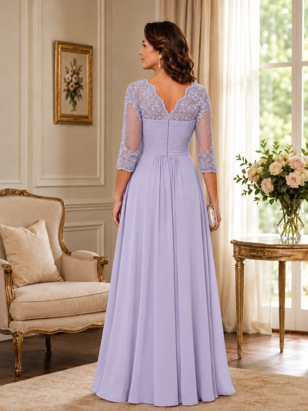 Chiffon Lace Applique Mother of the Bride Dress with 3/4 Sleeves