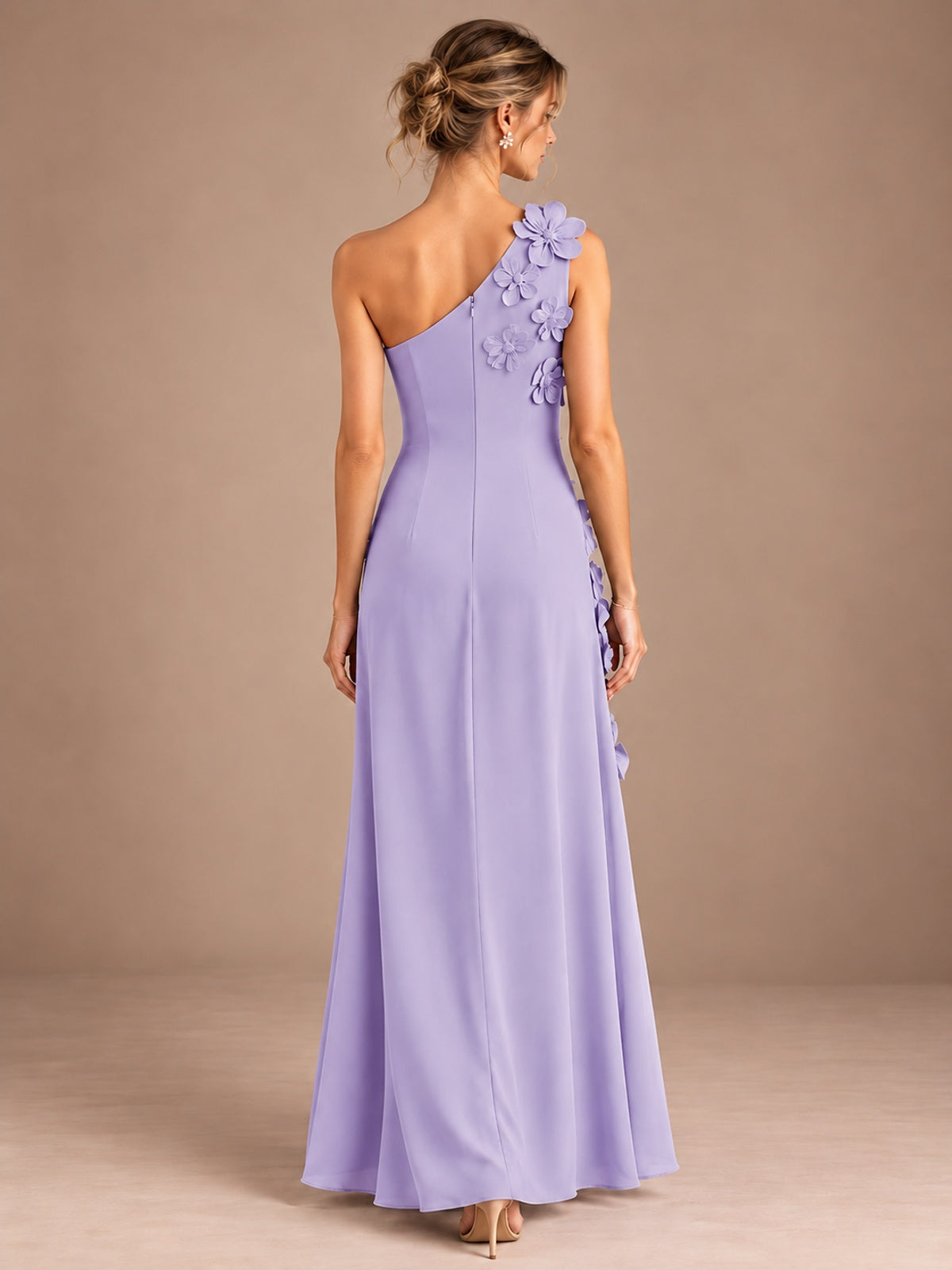 Sage Green One Shoulder Satin Formal Maxi Dress with 3D Floral