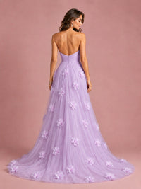 3D Floral Applique Strapless Tulle Prom Dress with High Slit