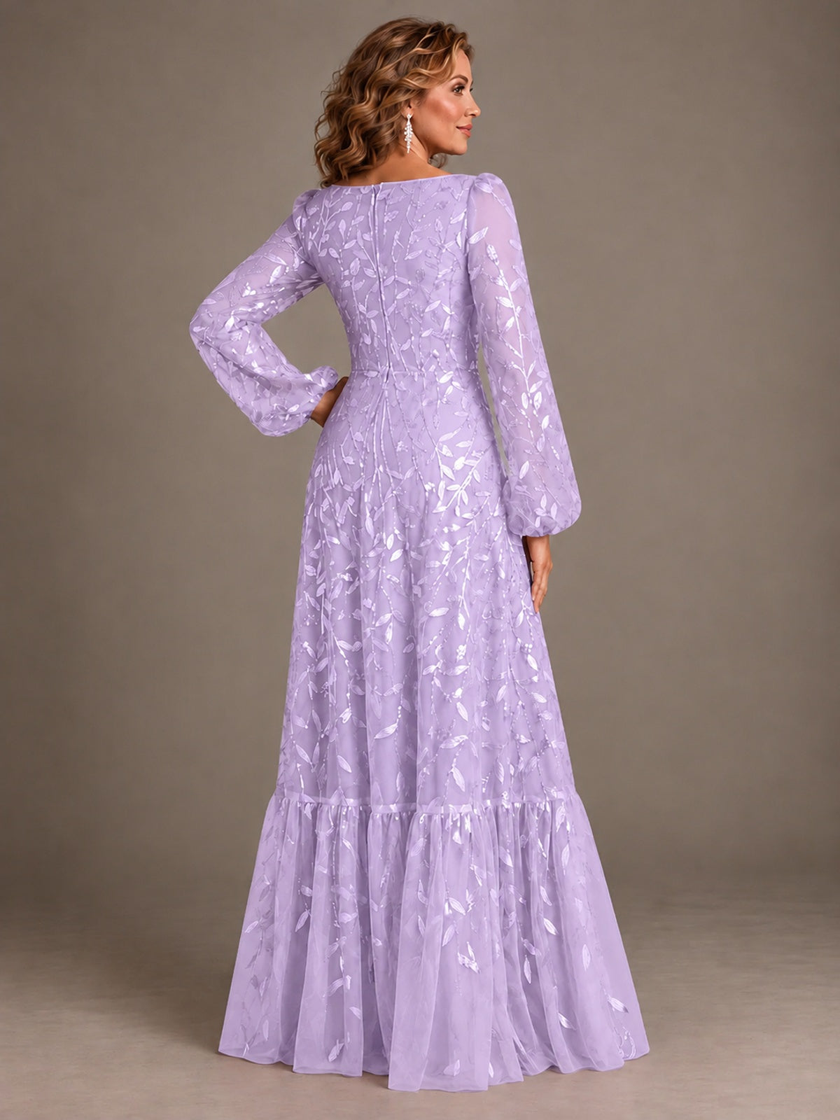 Floral Sequin Embroidered A-Line Mother of the Bride Dress with Long Sleeves