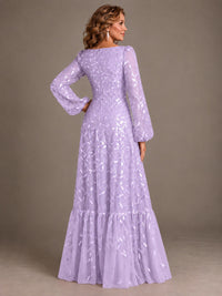 Floral Sequin Embroidered A-Line Mother of the Bride Dress with Long Sleeves