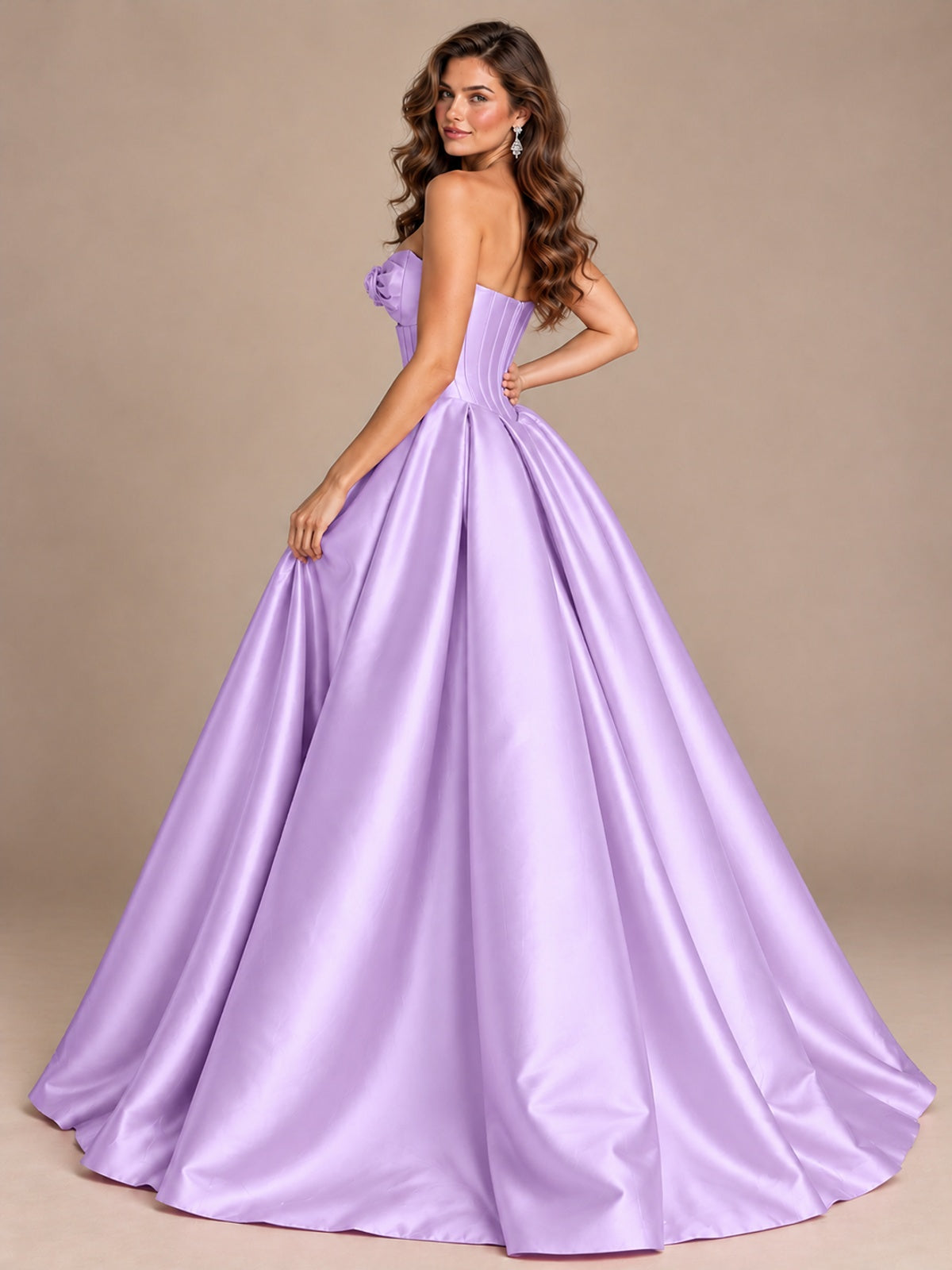 Pink Strapless Corset Satin Prom Derss & Ball Gown with 3D Floral